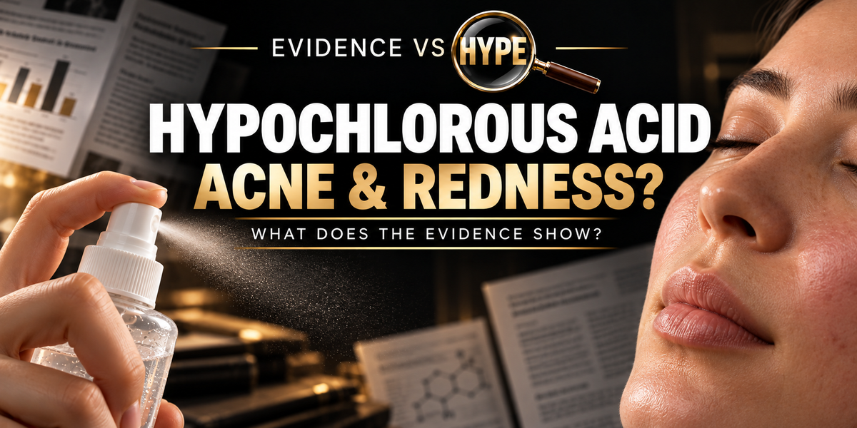 Evidence vs Hype Hypochlorous Acid: Acne and Redness? investigation cover, with unbranded spray bottle and facial portrait on a black and gold research backdrop.