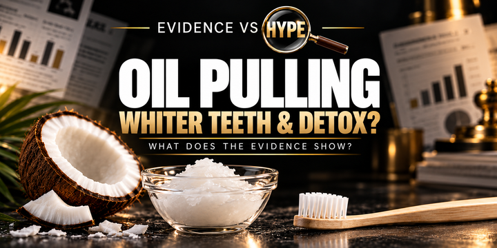 Evidence vs Hype Oil Pulling: Whiter Teeth and Detox? investigation cover, with coconut oil and toothbrush on a black and gold research backdrop.
