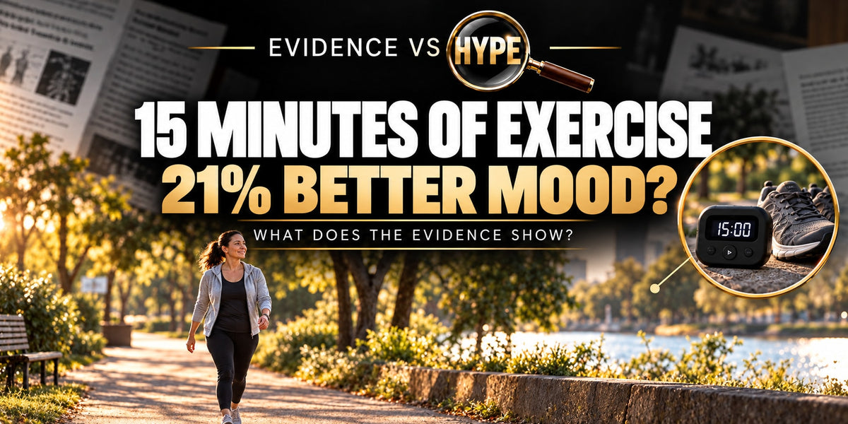 Evidence vs Hype exercise-and-mood investigation artwork showing an adult walking in a park, with a 15-minute timer inset. The 21% headline is a question, not a promised result.