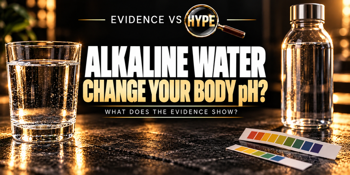 Evidence vs Hype editorial still life of a clear glass of water beside neutral pH testing equipment, without a health-benefit claim.