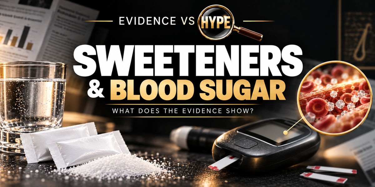 Evidence vs Hype: unbranded sweetener sachets and a glass, with conceptual glucose testing equipment. Conceptual artwork for the investigation.