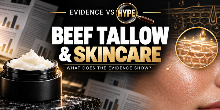 Black, white and gold Evidence vs Hype illustration of an unbranded tallow skincare jar and natural cheek texture with a conceptual skin-barrier inset; no treatment transformation is shown.