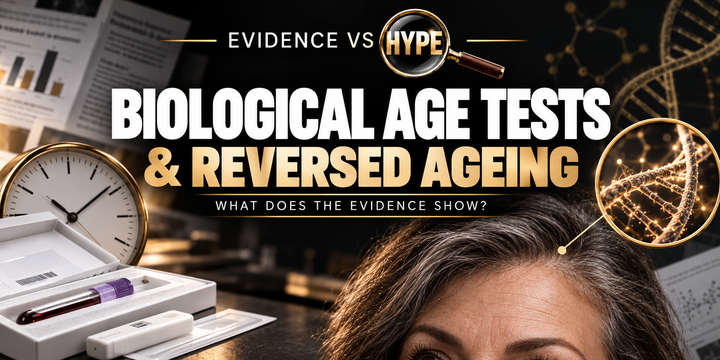 Laboratory testing and biological age imagery in the black, white and gold Evidence vs Hype featured image.