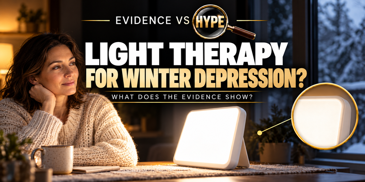 Evidence vs Hype: an adult beside an unbranded bright-light box on a winter morning. Conceptual artwork, not a promise of treatment response.