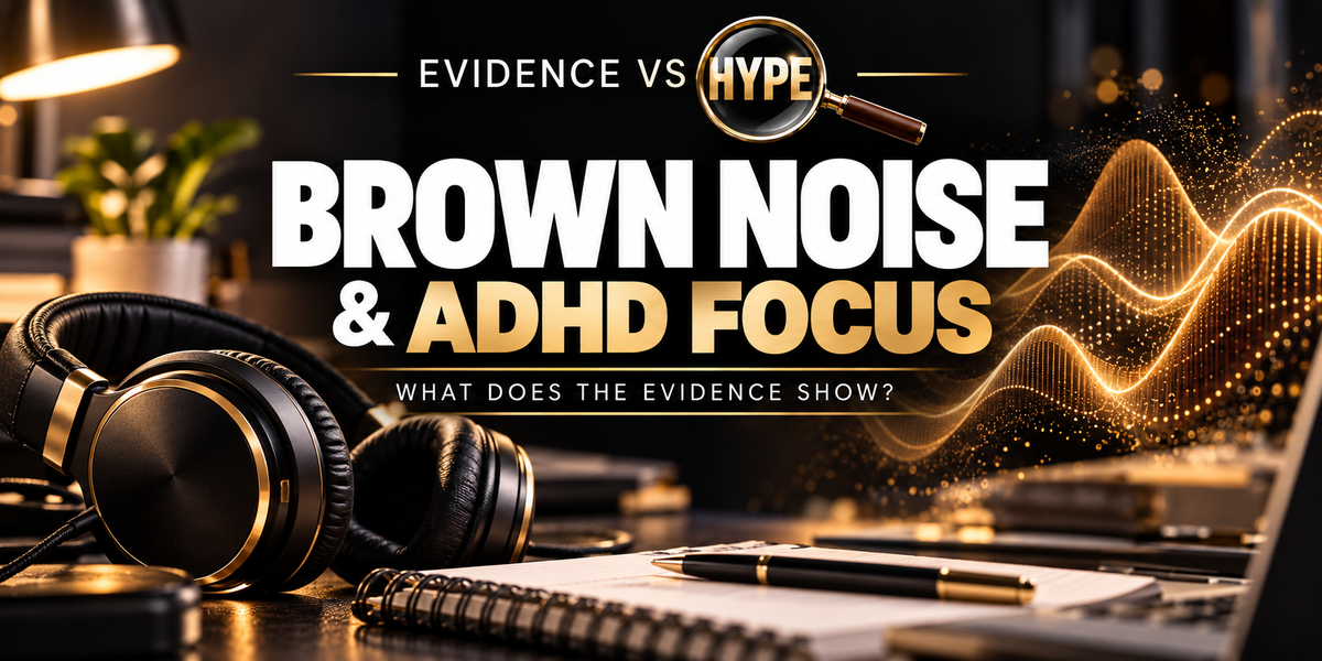 Evidence vs Hype: headphones and a desk with a notebook, abstract gold sound waves no measured chart. Conceptual artwork for the investigation.