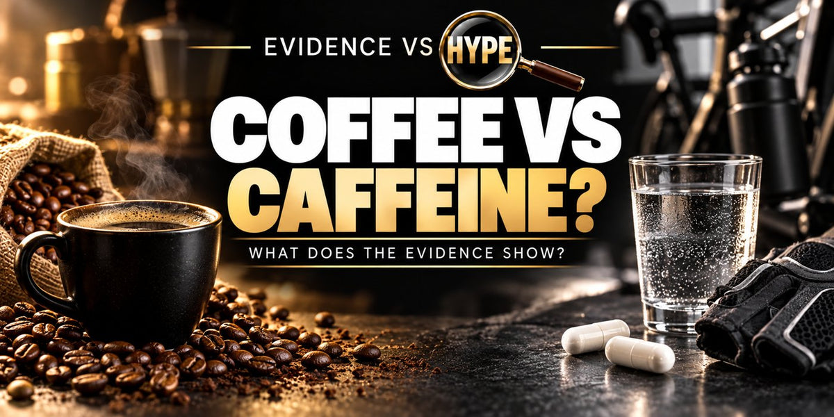 Evidence vs Hype coffee versus caffeine investigation with unbranded coffee, capsules, water and cycling equipment in a balanced comparison.