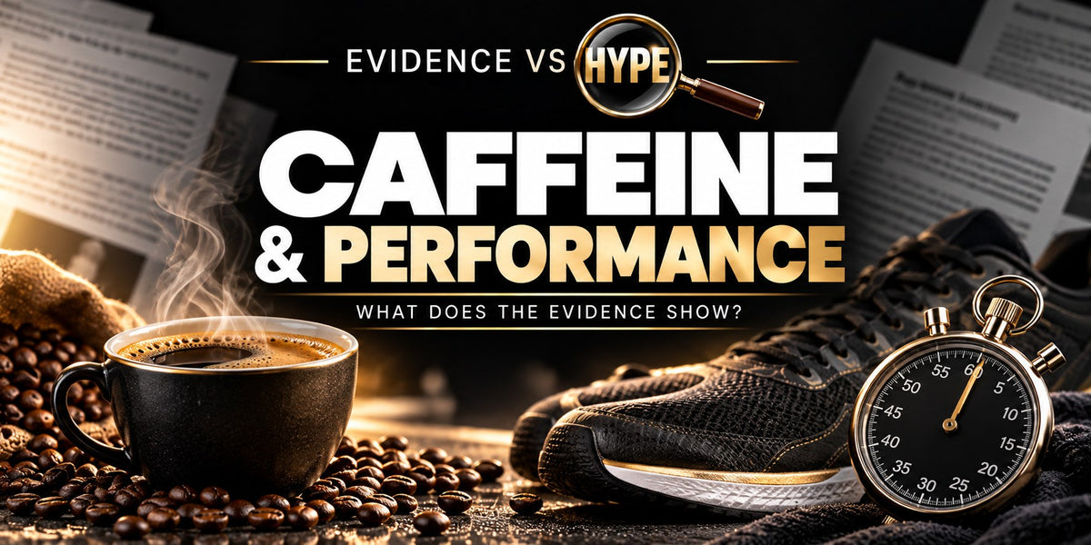 Evidence vs Hype caffeine and exercise performance investigation with coffee, running shoes and stopwatch