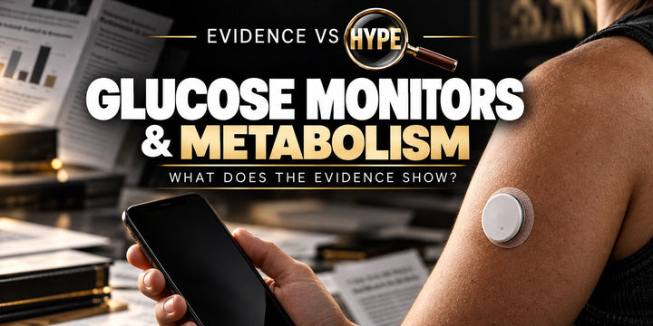 Evidence vs Hype glucose monitors and metabolism investigation with arm sensor and blank phone screen