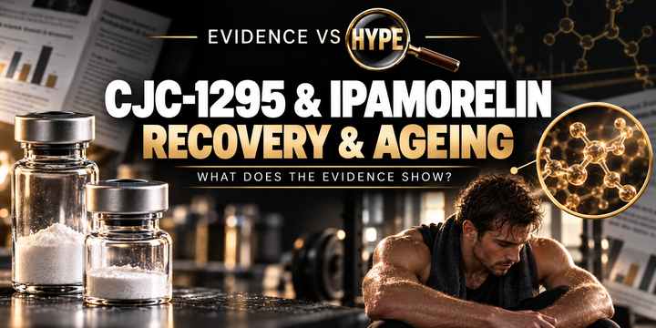 Unbranded peptide vials and recovery imagery in the black, white and gold Evidence vs Hype featured image.