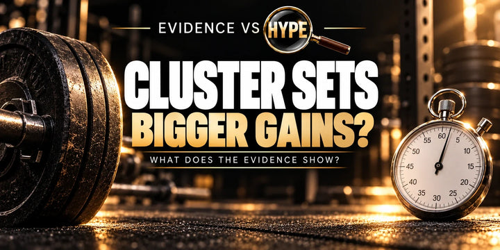 Evidence vs Hype artwork with a barbell and stopwatch, asking whether cluster sets produce bigger gains.