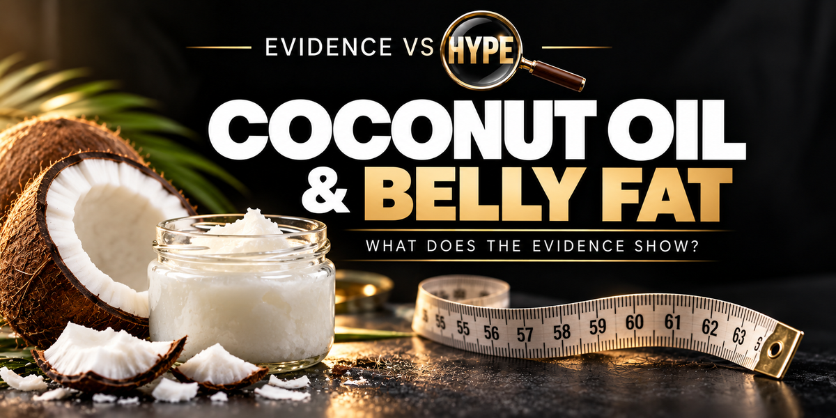 Evidence vs Hype: a cut coconut and jar of coconut oil beside a neutral measuring tape. Conceptual artwork for the investigation.