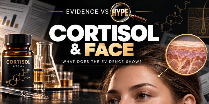 Evidence vs Hype: cortisol face investigation, with a neutral face, laboratory glassware and magnified skin illustration.