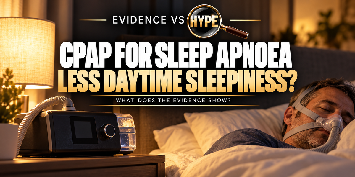 Evidence vs Hype artwork with a CPAP machine and an adult wearing a nasal mask in bed, asking about daytime sleepiness.