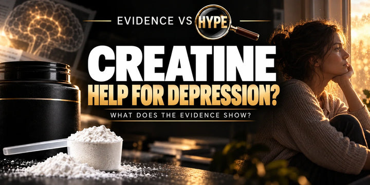 Evidence vs Hype artwork with creatine powder and a thoughtfully seated adult, asking about depression without promising a cure.