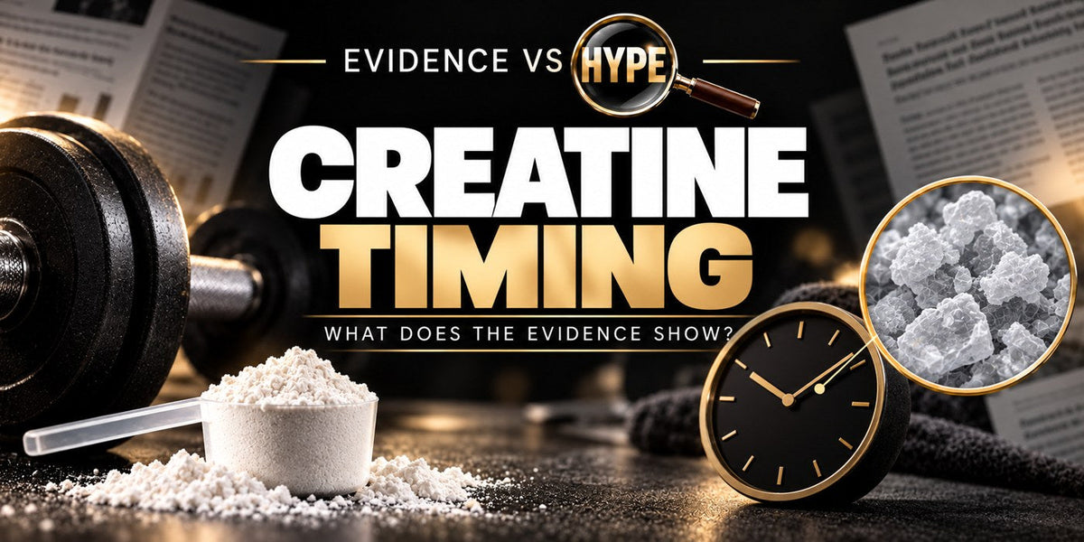 Evidence vs Hype creatine timing investigation with powder and scoop, an analogue clock, dumbbell and conceptual magnified powder.