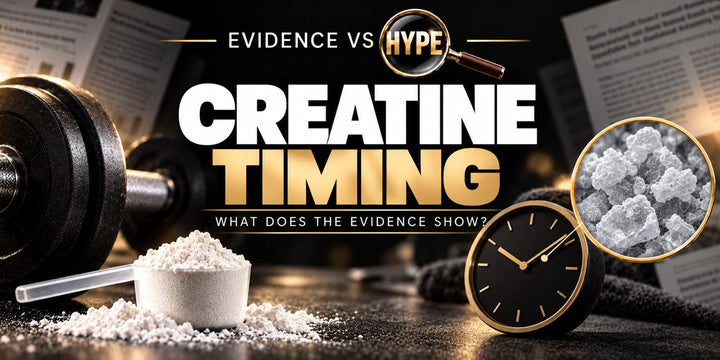 Evidence vs Hype creatine timing investigation with powder and scoop, an analogue clock, dumbbell and conceptual magnified powder.