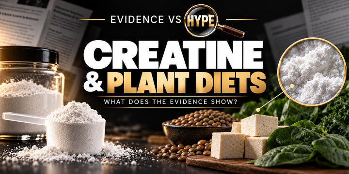 Evidence vs Hype creatine and plant diets investigation with unbranded powder, scoop, lentils, tofu and greens.