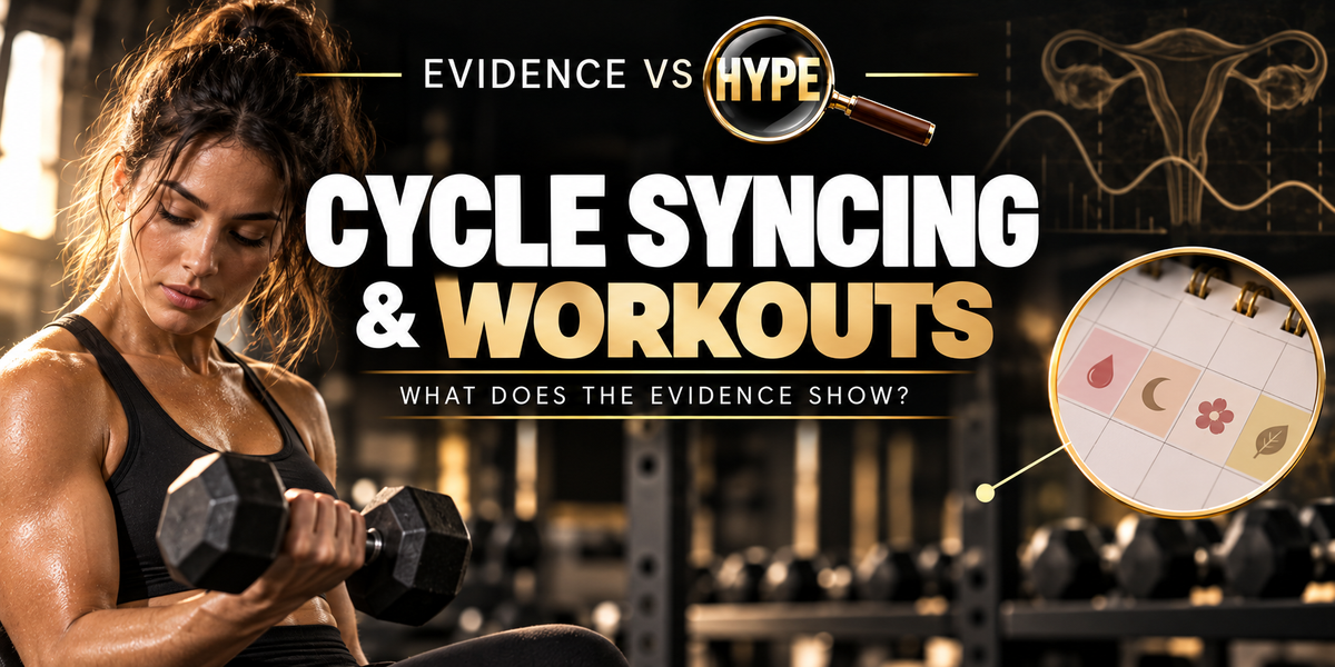 Evidence vs Hype illustration of an adult woman strength training in modest gym clothes and a discreet abstract calendar inset; artwork represents the claim under investigation.