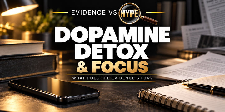 Evidence vs Hype dopamine detox and focus investigation with dark phone, books and notebook