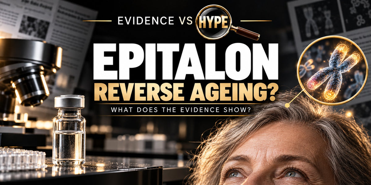 Evidence vs Hype epitalon artwork with a sealed laboratory sample, microscope, older adult and conceptual chromosome inset. It does not depict proven age reversal.