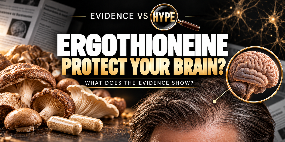 Evidence vs Hype: edible mushrooms and unlabelled capsules beside an older adult, with an anatomical brain inset. Conceptual artwork, not proven brain protection.