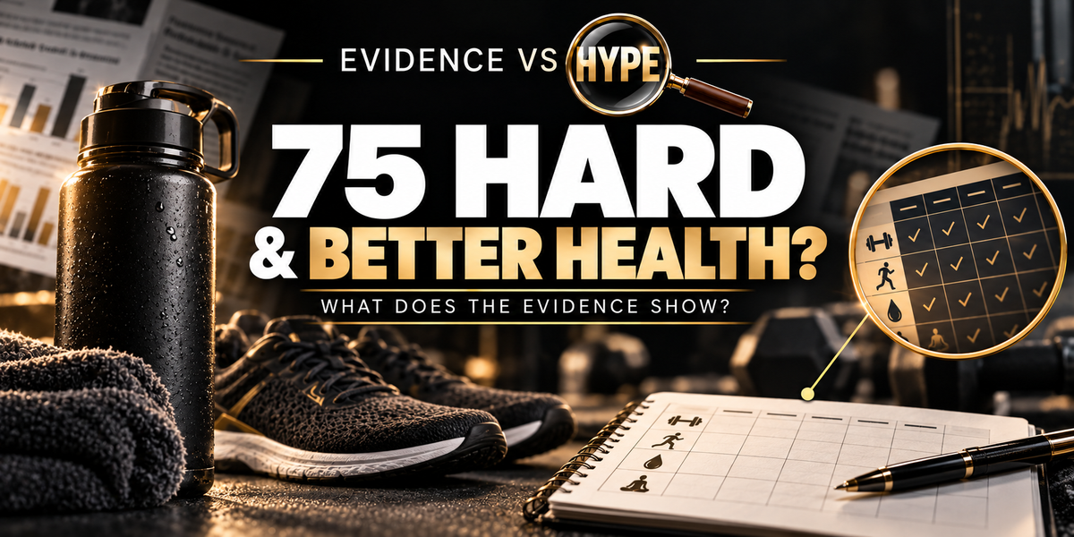 Evidence vs Hype: Does the 75 Hard Challenge Actually Make You Healthier? Conceptual editorial illustration.