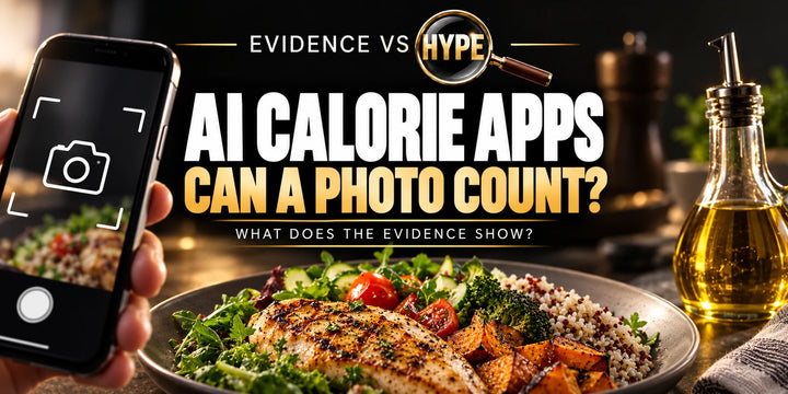 Evidence vs Hype conceptual artwork investigating AI calorie app accuracy, using subject-specific unbranded imagery.