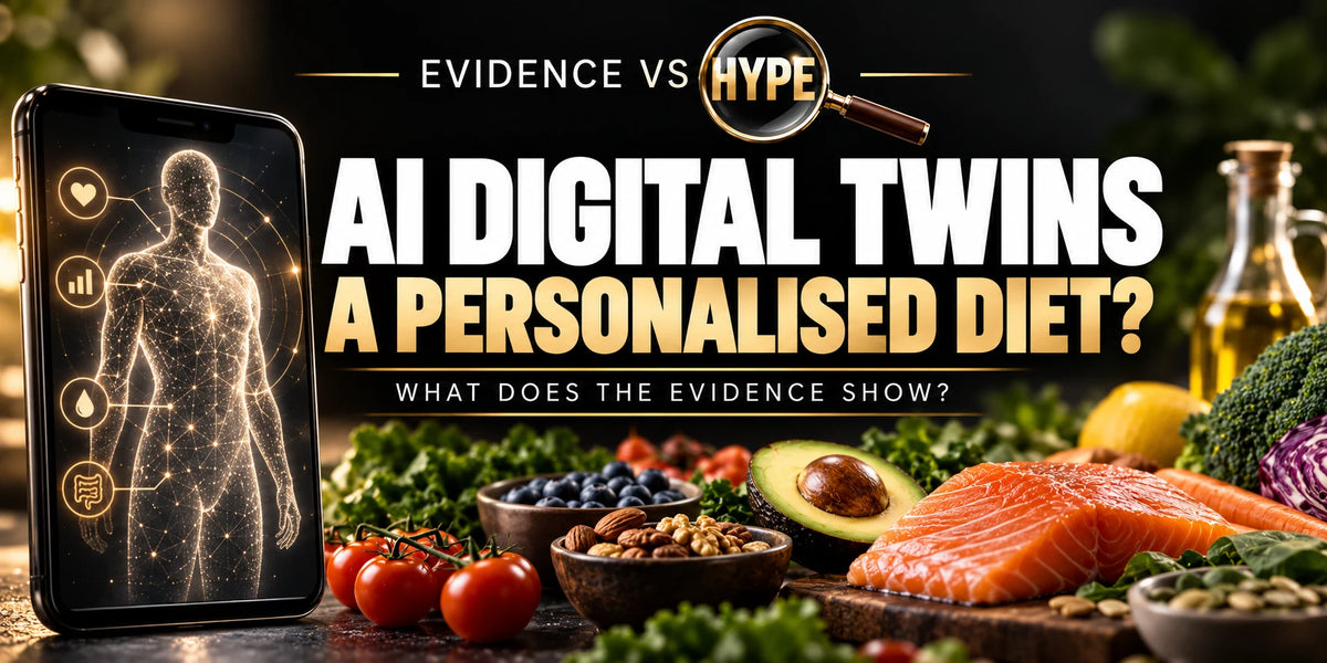 Evidence vs Hype conceptual artwork investigating AI digital twin nutrition, using subject-specific unbranded imagery.