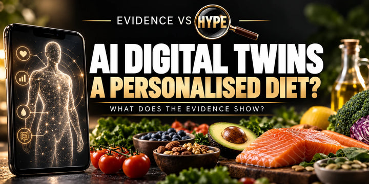 Evidence vs Hype conceptual artwork investigating AI digital twin nutrition, using subject-specific unbranded imagery.