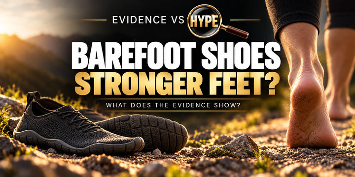 Evidence vs Hype conceptual artwork investigating barefoot shoes, using subject-specific unbranded imagery.