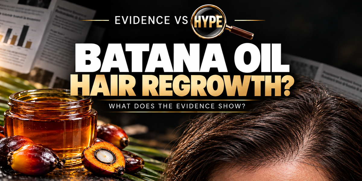 Evidence vs Hype Batana Oil: Hair Regrowth? investigation cover, featuring oil, palm fruit and a natural hairline against a black and gold research backdrop.