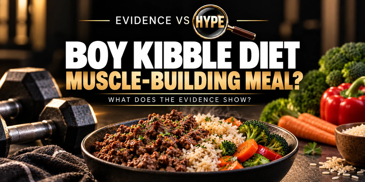 Evidence vs Hype conceptual artwork investigating boy kibble diet, using subject-specific unbranded imagery.