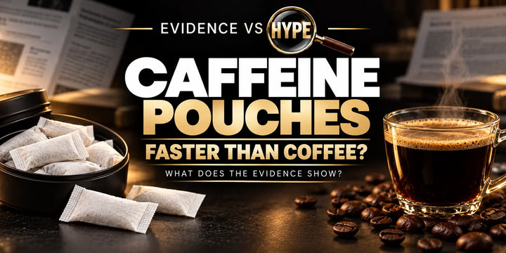 Evidence vs Hype artwork comparing unbranded caffeine pouches with black coffee, asking whether pouches work faster.