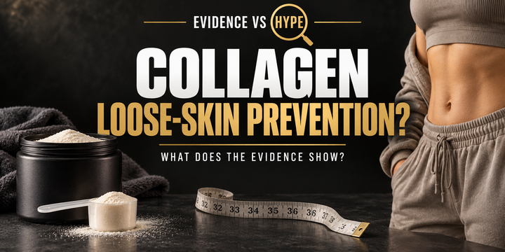 Evidence vs Hype collagen and loose skin investigation artwork with collagen powder, a tape measure and a partially visible adult torso; no before-and-after comparison.