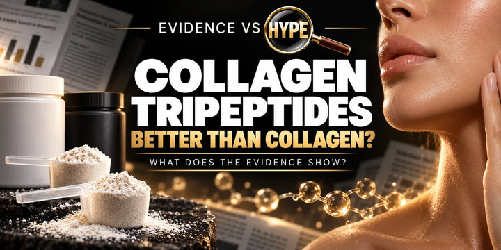 Two collagen powder scoops and a neutral skin close-up illustrate collagen tripeptide superiority claims.
