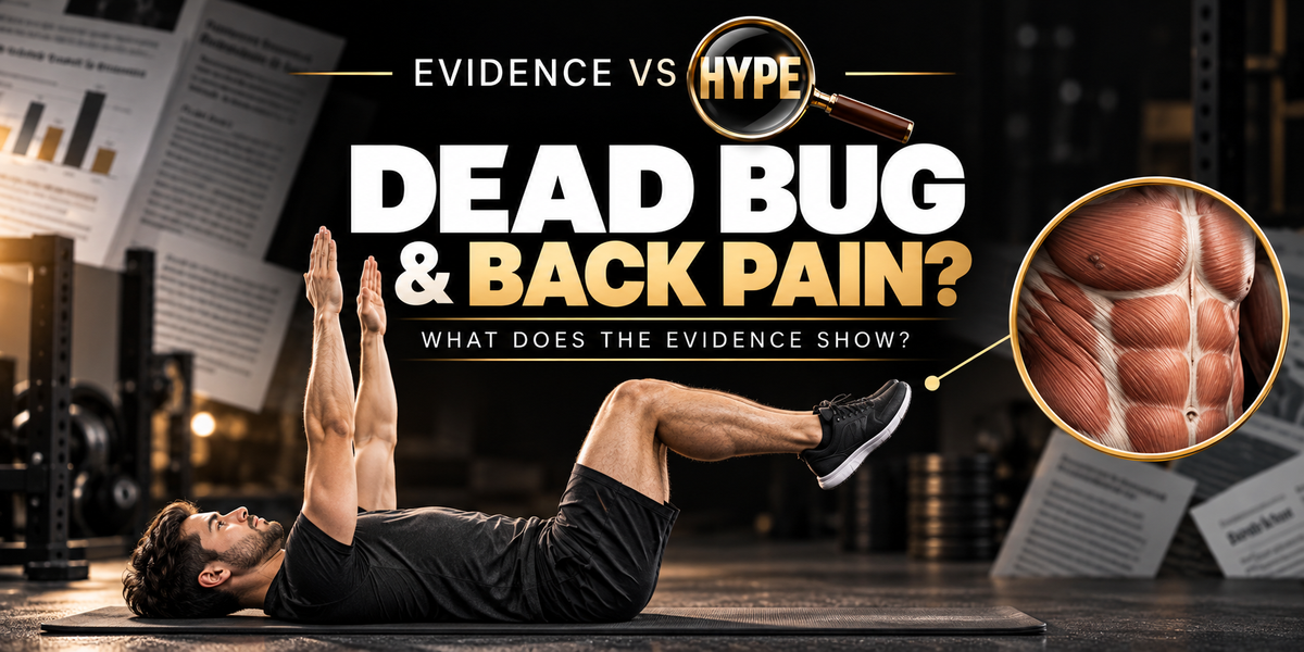 Evidence vs Hype: dead bug exercise and back pain, with a person in the starting position and a core anatomy inset.