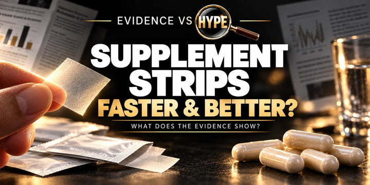 A translucent dissolving supplement strip held beside capsules in the Evidence vs Hype black-and-gold design.