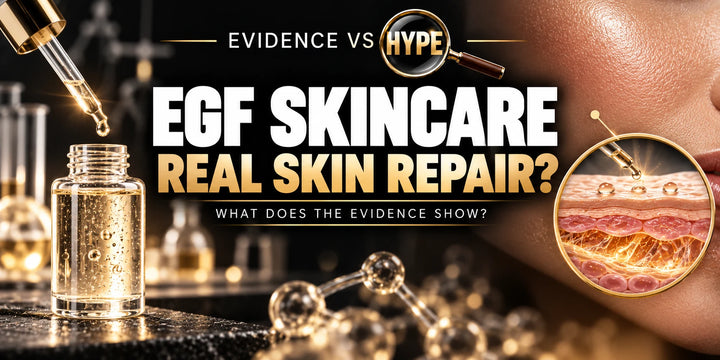 Evidence vs Hype conceptual artwork investigating EGF skincare, using subject-specific unbranded imagery.