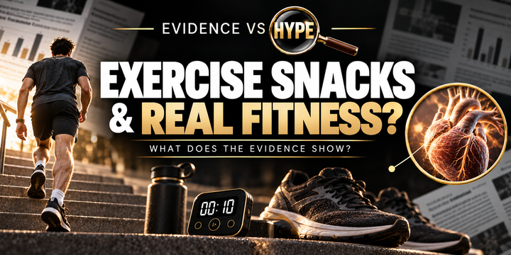 Evidence vs Hype: Can Exercise Snacking Replace Going to the Gym? Conceptual editorial illustration.