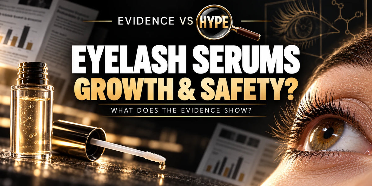 Evidence vs Hype conceptual artwork investigating eyelash growth serum, using subject-specific unbranded imagery.