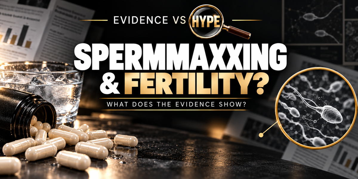 Evidence vs Hype: Spermmaxxing: Can Supplements and Ice Baths Boost Male Fertility? Conceptual editorial illustration.