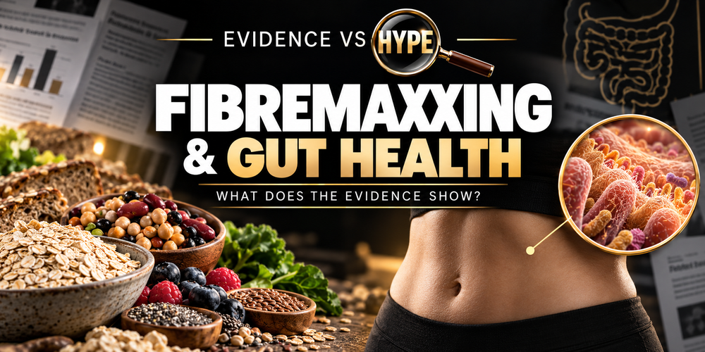 Evidence vs Hype fibremaxxing investigation, showing fibre-rich foods, an abdomen and a conceptual magnified intestinal microbiome.