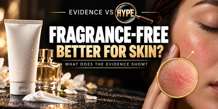 Evidence vs Hype conceptual artwork investigating fragrance free skincare, using subject-specific unbranded imagery.