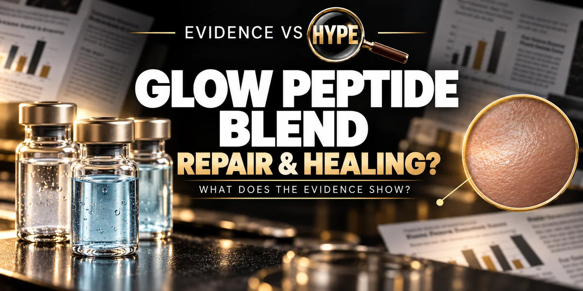 Three sealed research-style vials and a skin-texture magnifier illustrate the GLOW peptide blend investigation.