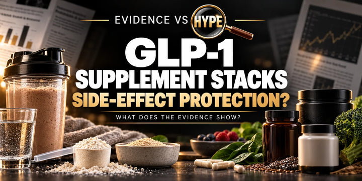 Protein shake, fibre powder, water and supplement containers illustrate GLP-1 supplement bundle claims.