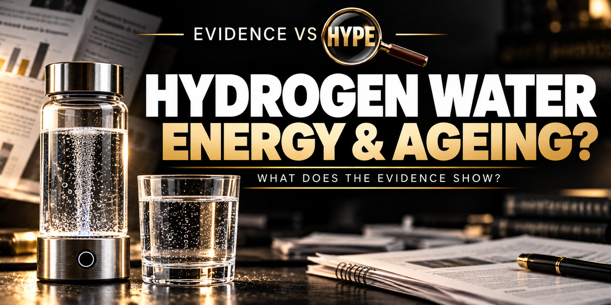 Evidence vs Hype Hydrogen Water: Energy and Ageing? investigation cover, with a glass water bottle and drinking glass on a black and gold research backdrop.