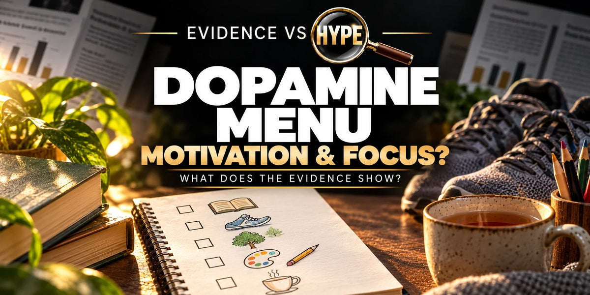 A simple activity list with books, walking shoes, art pencils and tea illustrates the dopamine menu idea.