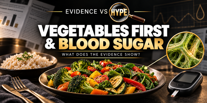 Vegetables and carbohydrate foods in a meal in the black, white and gold Evidence vs Hype featured image.