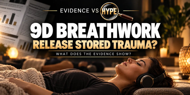 A relaxed adult wearing headphones in a peaceful studio illustrates the 9D Breathwork evidence investigation.