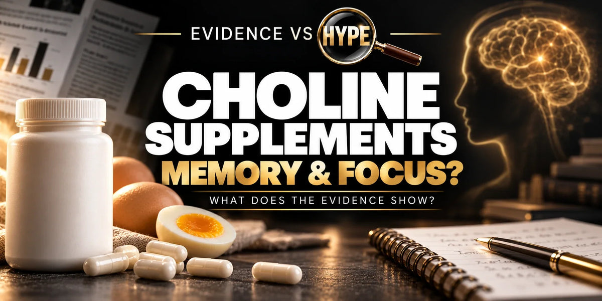 Choline capsules, eggs and a notebook accompany the memory and focus evidence check.
